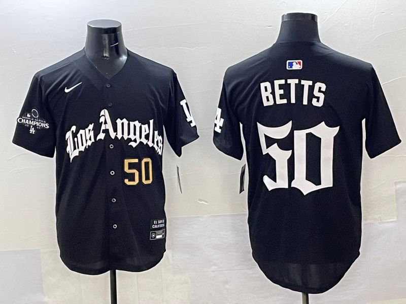 Men Los Angeles Dodgers #50 Betts Black Five generations Joint Name 2025 Nike MLB Jersey style 34